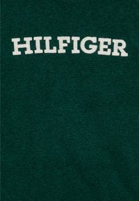 Maglione verde scuro in tessuto con il testo ricamato bianco prominente che legge "HILFIGER" nella parte superiore. Texture morbida, senza modelli visibili.