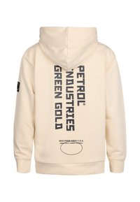 Sudadera con capucha de color crema que presenta logotipos y gráficos en texto negro en la parte posterior. Fabricada con una tela suave y con un ajuste relajado.
