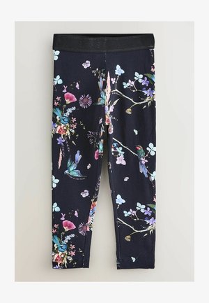 Melnas leginses ar dzīvīgu ziedu un putnu rakstu zilo, rozā un violetā krāsā; elastīga jostasvieta ērtībai.