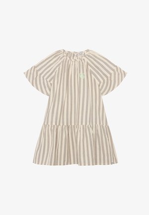 Robe courte à manches courtes rayée crème avec des rayures verticales marron, col froncé et bas évasé ; présente un petit détail de logo vert.