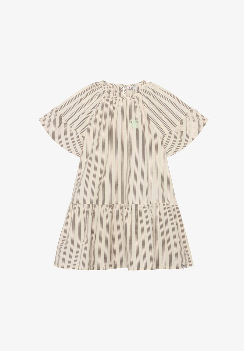 Sukienka w paski z krótkim rękawem w kolorze kremowym z brązowymi pionowymi paskami, marszczony dekolt i rozkloszowany dół; z małym zielonym logo.