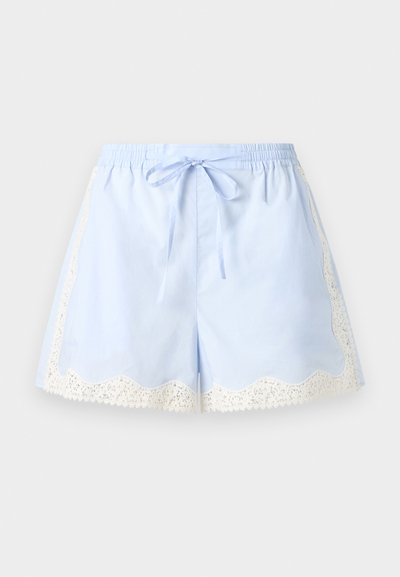 Σιέλ σορτσάκια με ελαστική μέση και κορδόνι μπροστά, διακοσμημένα με λευκή δαντέλα κατά μήκος των πλευρών και κυματιστό τελείωμα.