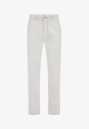 Pantaloni grigio chiaro a taglio aderente con passanti per cintura e chiusura frontale a nodo, mostrati su sfondo bianco.