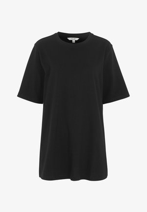 Schwarzes T-Shirt mit kurzen Ärmeln und Rundhalsausschnitt, locker geschnitten, aus weichem Stoff, auf weißem Hintergrund präsentiert.