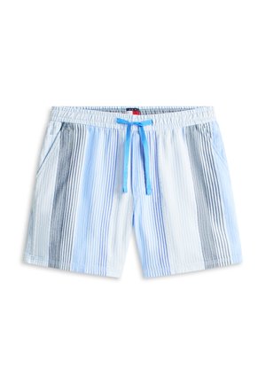 Pantalones cortos para hombre con cintura elástica, rayas verticales en azul, blanco y gris, y cordón azul, con bolsillos laterales.