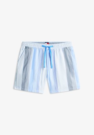 Pantalones cortos para hombre con cintura elástica, rayas verticales en azul, blanco y gris, y cordón azul, con bolsillos laterales.