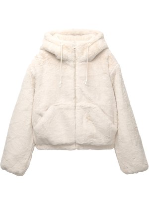 Kapuzenjacke in weichem, weißen Kunstfell, cropped geschnitten mit einem Frontreißverschluss und zwei großen Taschen. Mit Kordelzügen an der Kapuze.