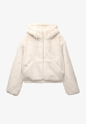 Beschnitten, hættetrøje i blød, hvid faux pels med front lynlås og to store lommer. Har snortræk på hætten.