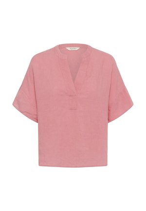 Blouse rose douce à manches courtes, col en V profond et coupe décontractée, en tissu léger adapté à un usage décontracté.
