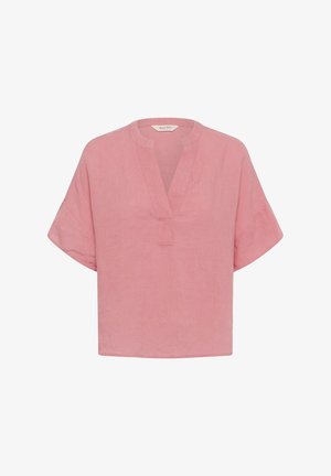 Weiche rosa Kurzarmbluse mit tiefem V-Ausschnitt und lockerer Passform, aus leichtem Stoff, geeignet für legere Kleidung.
