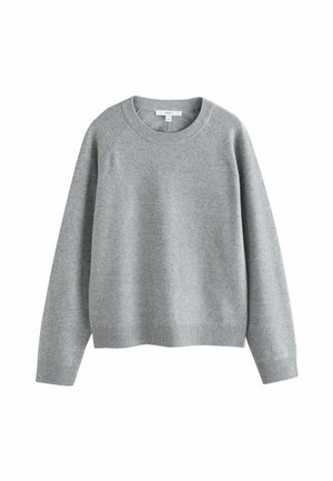 Grauer Pullover aus einem weichen Material, mit rundem Halsausschnitt, Raglanärmeln, gerippten Bündchen und cropped Saum.