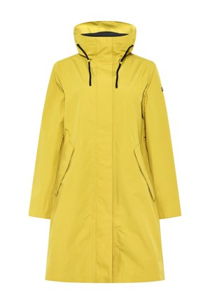Gelber wasserdichter Regenmantel mit hohem Kragen, verstellbaren Kordeln und zwei seitlichen Taschen. Glatte Textur und knielanges Design.