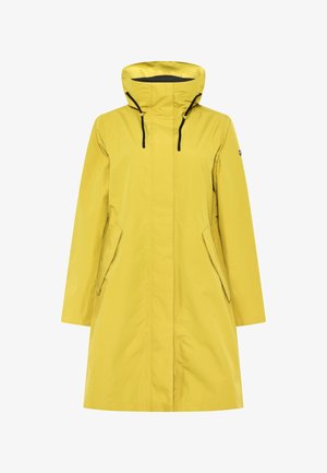 Gul vandtæt regnfrakke med høj krave, justerbare snore og to sidelommer. Glat tekstur og knælængde design.