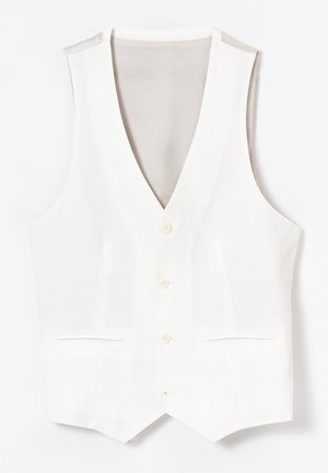 Chaleco blanco sin mangas y hecho a medida con escote en V, cuatro botones delanteros y dos bolsillos horizontales con apertura, colocado plano sobre un fondo blanco.