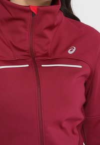 Bordowa kurtka sportowa z wysokim kołnierzem, zamkiem błyskawicznym z przodu i odblaskowymi srebrnymi paskami. Posiada gładką teksturę i logo na klatce piersiowej.