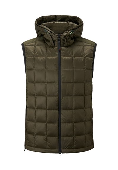 Olivgrüne gesteppten Weste mit Kapuze, ausgestattet mit einem Frontreißverschluss und verstellbarem Kordelzug. Glatte Textur und ohne Ärmel.