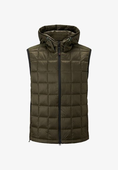 Olivgrüne gesteppten Weste mit Kapuze, ausgestattet mit einem Frontreißverschluss und verstellbarem Kordelzug. Glatte Textur und ohne Ärmel.