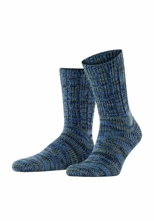 Gestrickte Socken mit einem blau-grünen Melange-Muster, knöchellang, geripptem Textur und eng anliegendem Abschluss am Knöchel.