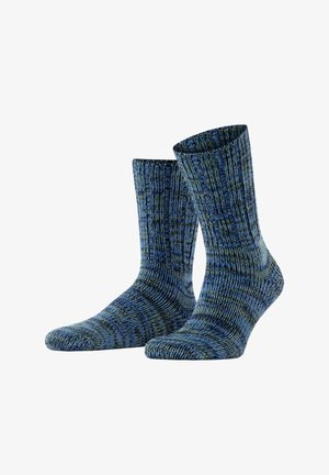 Calze lavorate a maglia con un motivo mélange blu e verde, lunghezza alla caviglia, texture a coste e vestibilità aderente alla parte superiore della caviglia.