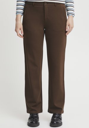 Brown, straight-leg pants made of soft fabric, featuring side pockets, a button closure, and a smooth texture. Paired with black shoes.