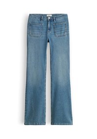 Jean denim bleu clair taille haute avec jambes larges et droites, deux poches carrées devant, fermeture par boutons et passants pour ceinture.
