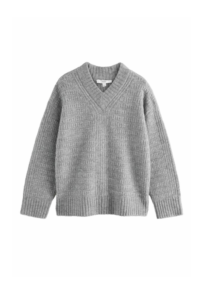 Gray knitted sweater with a V-neckline, featuring a textured pattern and ribbed cuffs and hem. Made from a soft, warm material.
