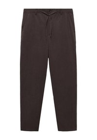 Dunkelgraue, knöchellange Hosen mit einem Kordelzugbund, frontalen Taschen und einer glatten Textur. Leichtes Material für angenehmen Tragekomfort.