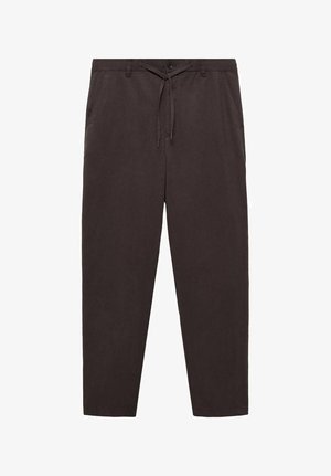 Dark gray ankle-length pants with a drawstring waistband, front pockets, and a smooth texture. Lightweight fabric for comfort.