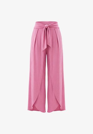 Różowe spodnie o szerokich nogawkach z nakładką w stylu kopertowym i zawiązanym paskiem z tkaniny na wysokim stanie, wykonane z miękkiego, lejącego się materiału.