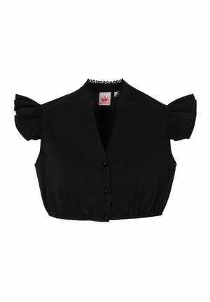 Zwarte cropped blouse van lichtgewicht stof, met korte pofmouwen, een knoopsluiting aan de voorkant en een gathered zoom. Kantachtige halsrand.