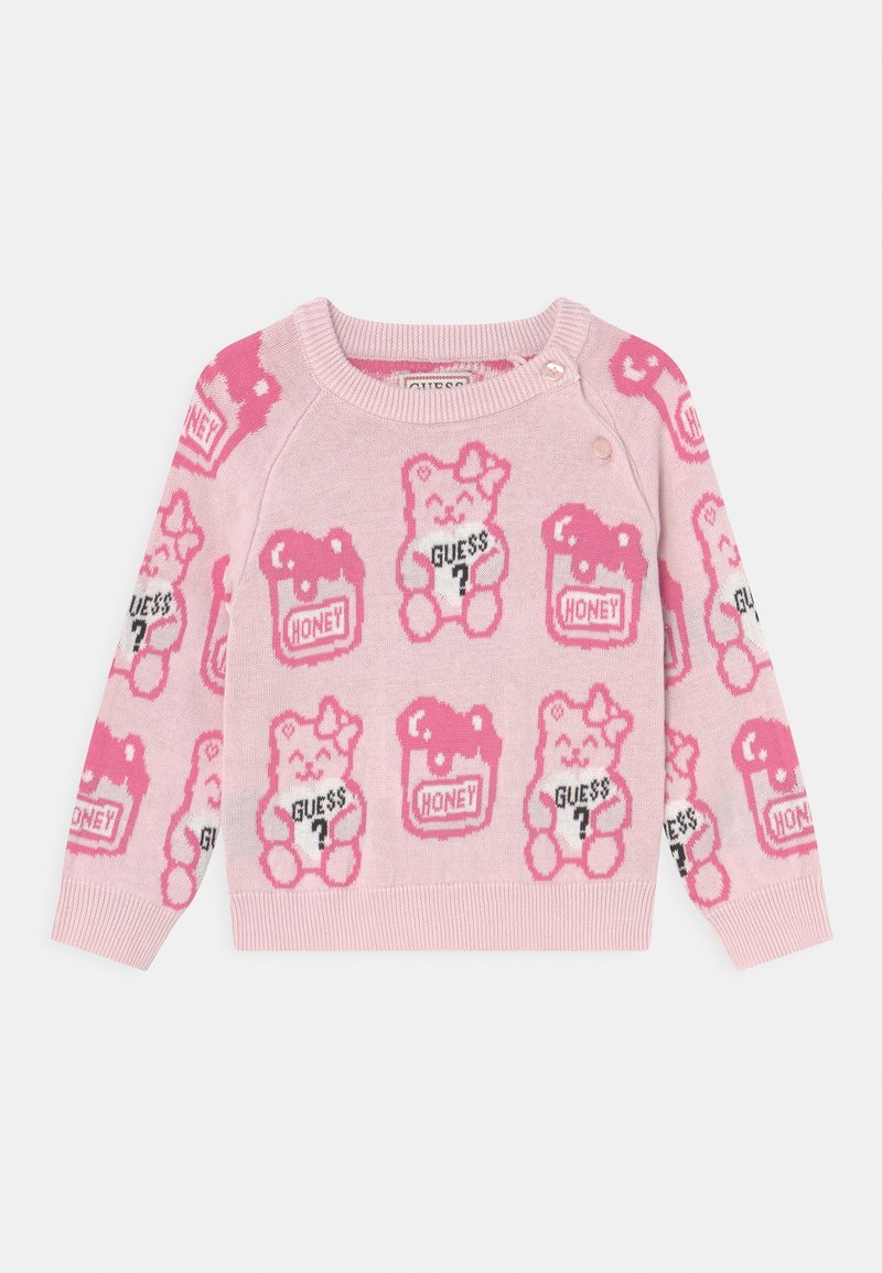 Pull rose pour enfants avec des oursons tenant des panneaux "Guess ?" et des pots de miel en motif répété, poignets côtelés et bouton près du col.
