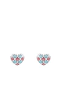 Orecchini a forma di cuore realizzati in metallo colore argento, con un motivo di accenti rosa e azzurri chiari e dettagli testurizzati.