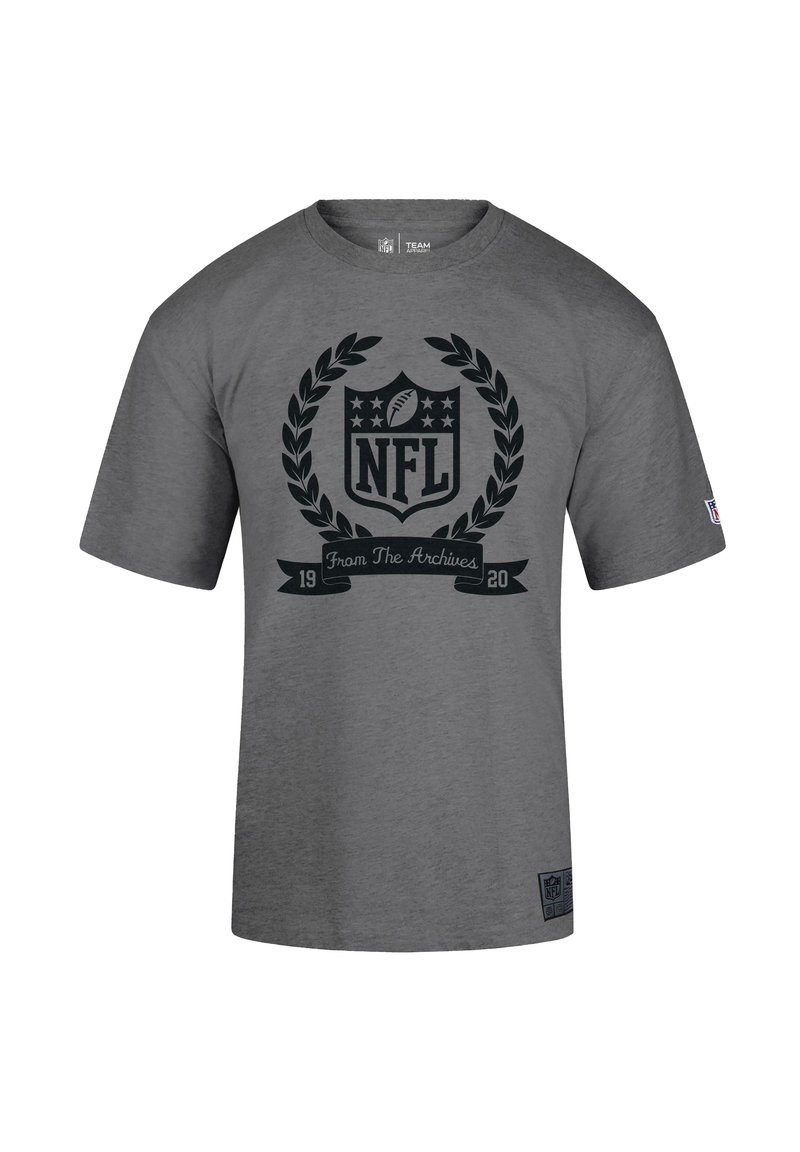 Gray T-shirt made of soft fabric featuring a black NFL logo in the center, surrounded by laurel leaves and the text "From The Archives 1920."