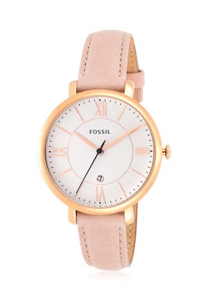 Orologio da polso Fossil con cassa rotonda in oro rosa, quadrante bianco con numeri romani, finestra data alle 6 e cinturino in pelle rosa.