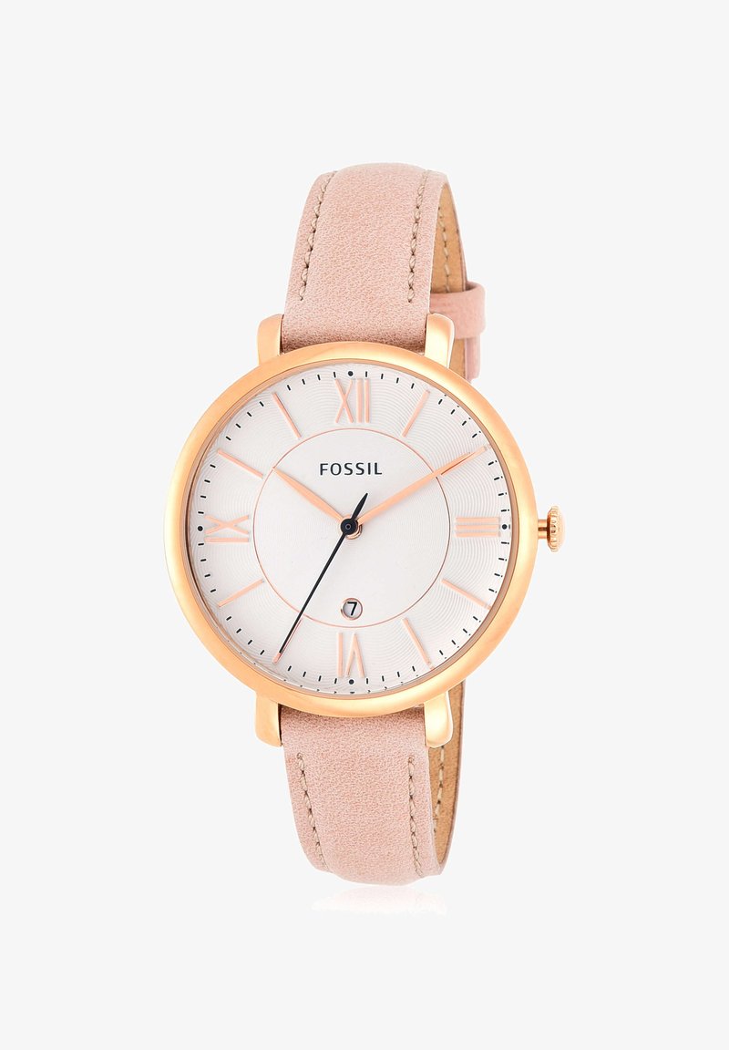 Fossil-Armbanduhr mit rundem Roségoldgehäuse, weißem Zifferblatt mit römischen Ziffern, Datumsanzeige bei 6 Uhr und pinkem Lederarmband.