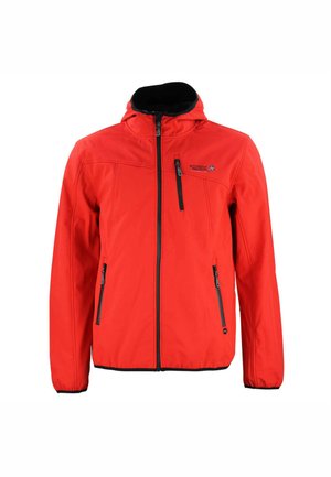 Veste softshell rouge avec accents noirs, fermeture éclair sur toute la longueur, capuche et deux poches zippées sur les côtés. Caractéristiques des poignets élastiques et un logo sur la poitrine gauche.