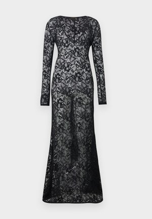 Black lace long-sleeve dress with a sheer design, form-fitting silhouette, and floral patterns. Features a round neckline and floor-length hem.