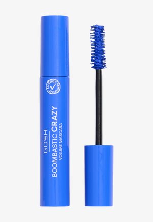 Blue GOSH Boombastic Crazy volume mascara tube with wand showing blue mascara on brush against white background.