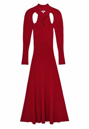 Pikk punane kleit pikkade varrukatega, esifookuse detailide ja keeratud solgiga rinnas, mis laienevad allservas.