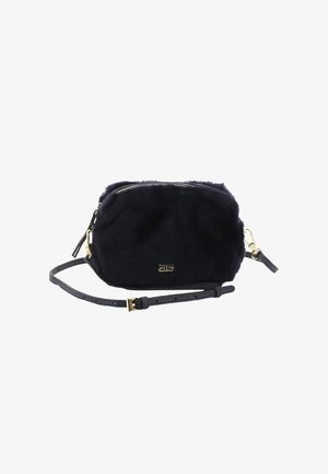 Navy faux fur shoulder bag with gold hardware, zip closure, and a detachable strap. Rounded shape with a textured finish.