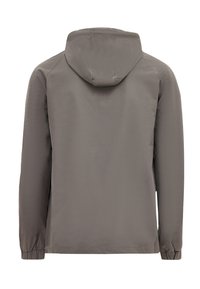 Gray hooded jacket with a smooth texture, elastic cuffs, and a minimalist design. Rear view shows no visible logos or embellishments.