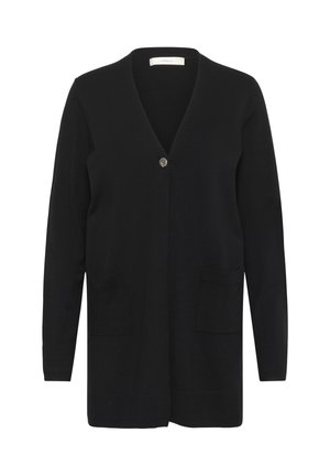 Cardigan noir à manches longues avec col en V, un bouton décoratif unique, deux poches avant, et poignets et ourlet côtelés.