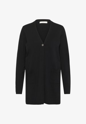 Cardigan noir à manches longues avec col en V, un bouton décoratif unique, deux poches avant, et poignets et ourlet côtelés.