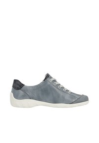 Gray leather sneaker with a smooth texture, white sole, and gray laces. Features a dark gray heel accent and stitched detailing on the sides.