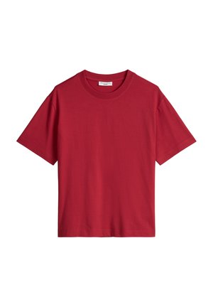 T-shirt rouge uni à manches courtes et col rond, design simple, coupe décontractée, en tissu doux.