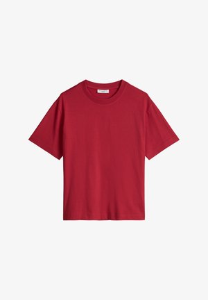 Einfarbig rotes T-Shirt mit kurzen Ärmeln und Rundhalsausschnitt, schlichtes Design, lockere Passform, aus weichem Stoff.
