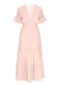 Helles rosa Midikleid mit einem Punkte-Muster, kurzen, rüschendetails Ärmeln, V-Ausschnitt und einem gestuften Rock mit Spitzenakzenten.