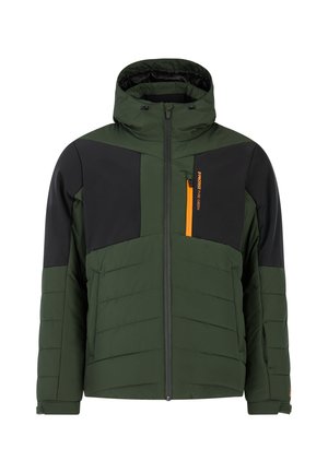 Groene en zwarte geïsoleerde jas met een rits aan de voorkant, een capuchon en een oranje accentzak, met gestikte secties en een gladde textuur.