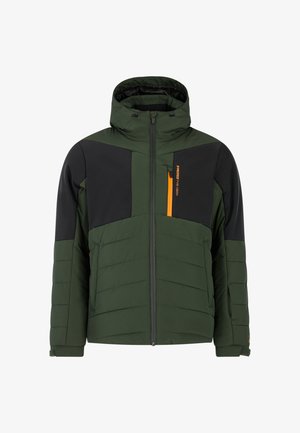 Grüne und schwarze isolierte Jacke mit Reißverschluss, Kapuze und orangefarbenem Akzent-Taschen, mit gesteppten Abschnitten und glatter Textur.