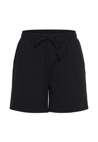 Shorts noirs en coton avec une taille élastique à cordon de serrage, des plis latéraux et une coupe décontractée. Design simple et épuré, adapté à un usage décontracté.